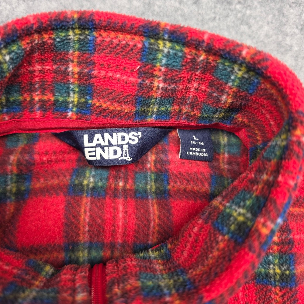 Lands End Mens Red Plaid Fleece Quarter Zip Pullover Sweater Large 14-16 - Picture 7 of 10